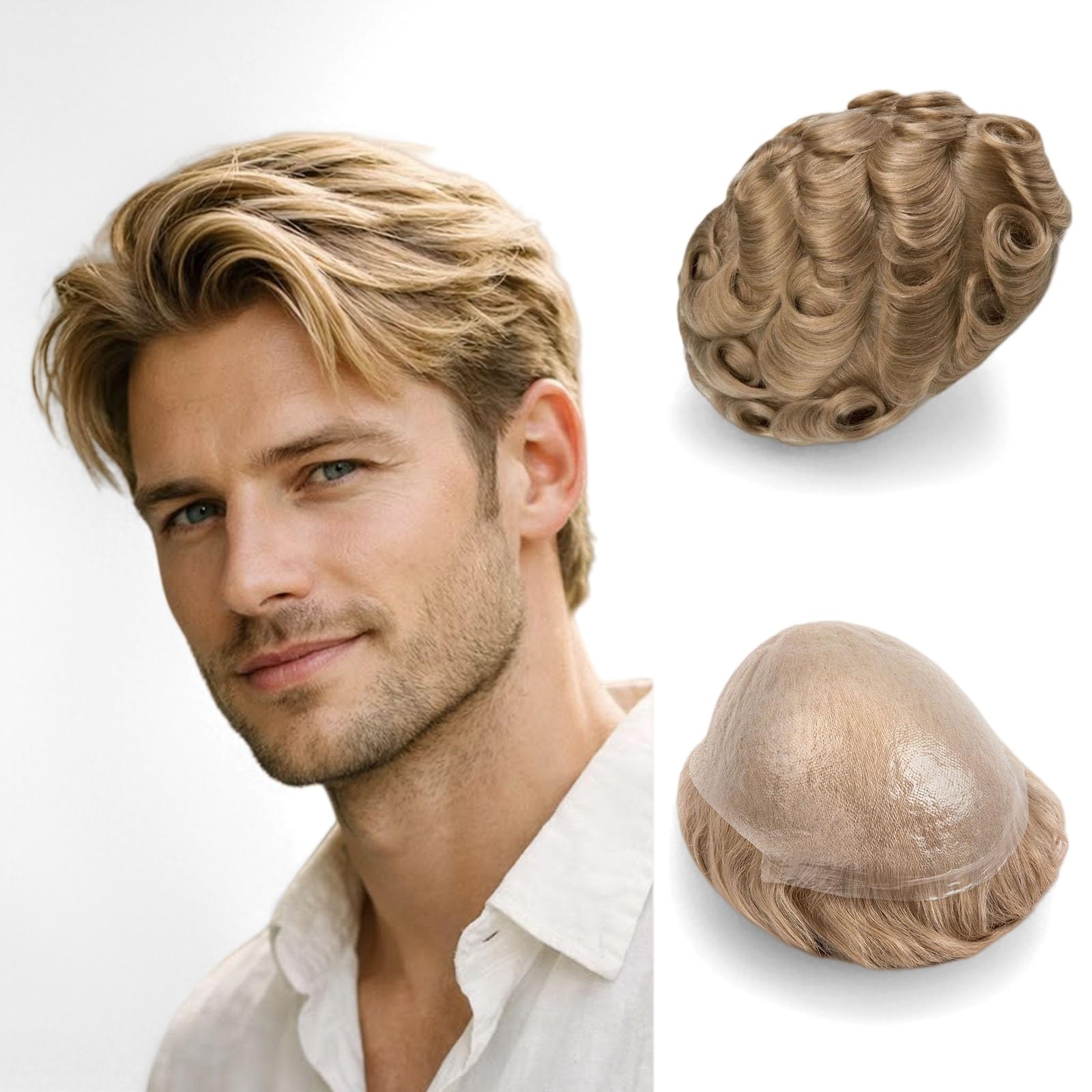 Men's Toupee Real Hair Ultra-Thin 0.03mm Skin Toupee for Men Light Medium Density Hairpiece Base Size 8x10 Inch 100% Human Hair System for Men （22R Beige Blonde）