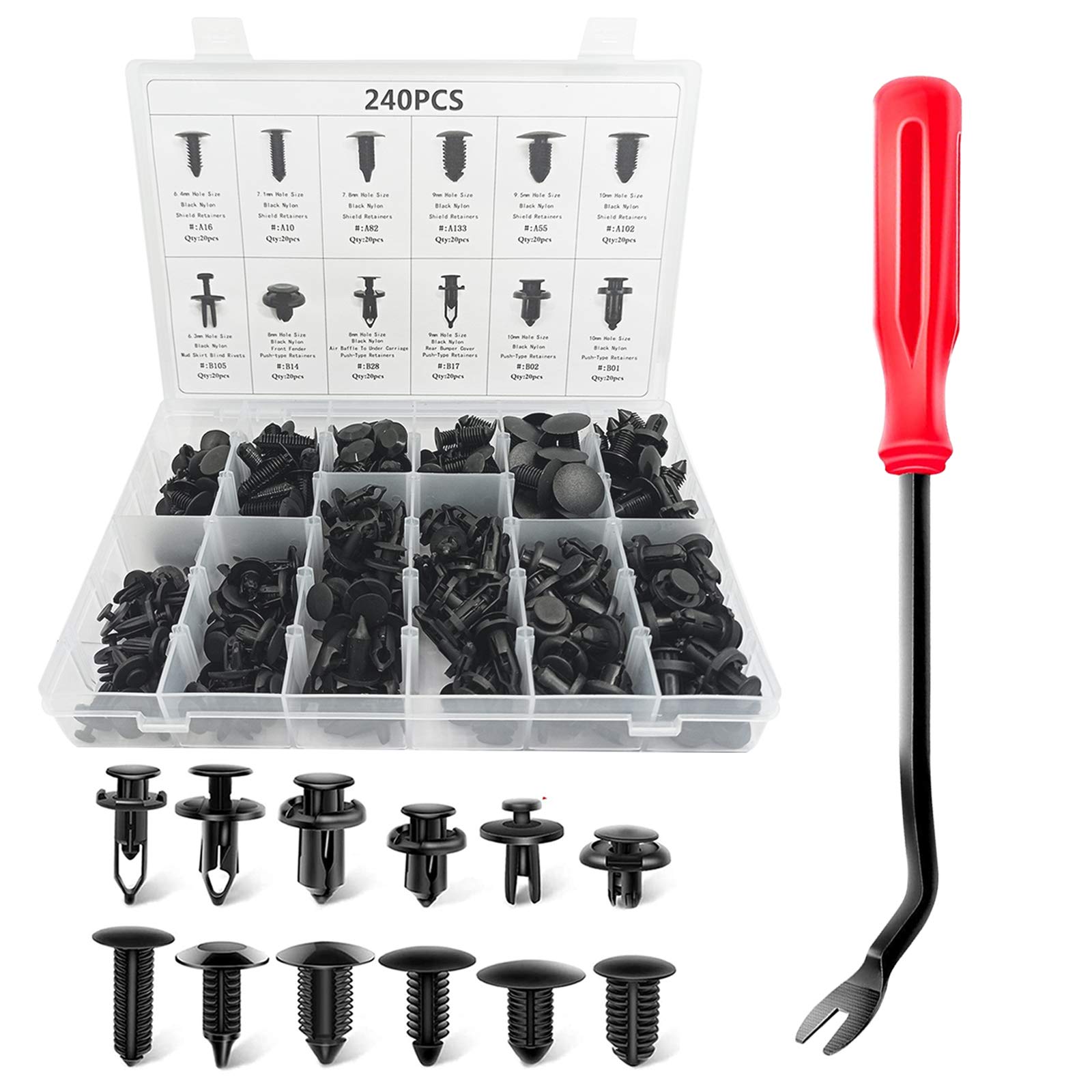 FOIIOE 240PCS Bumper Retainer Clips Car Plastic Rivets Fasteners Push Retainer Kit 12 Most Popular Sizes Auto Push Pin Rivets Set -Door Trim Panel Fender Clips for GM Ford Toyota Honda Chrysler Acura