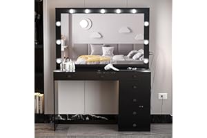 Boahaus Serena Large Makeup Vanity with Lights, 7 Drawers, Vanity Mirror, Glass Top Vanity, Basic Knobs, Built-in Lights, Black Vanity Makeup Desk Version for Bedroom, 58.2'' Hx47.3'' Wx16.9'' D