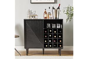 HULALA Home Magric Accent Cabinet Built-in Wine Rack, Mid-Century Modern Bar Cabinet with Durable Natural Oak Wood & Handcrafted Finish, Black