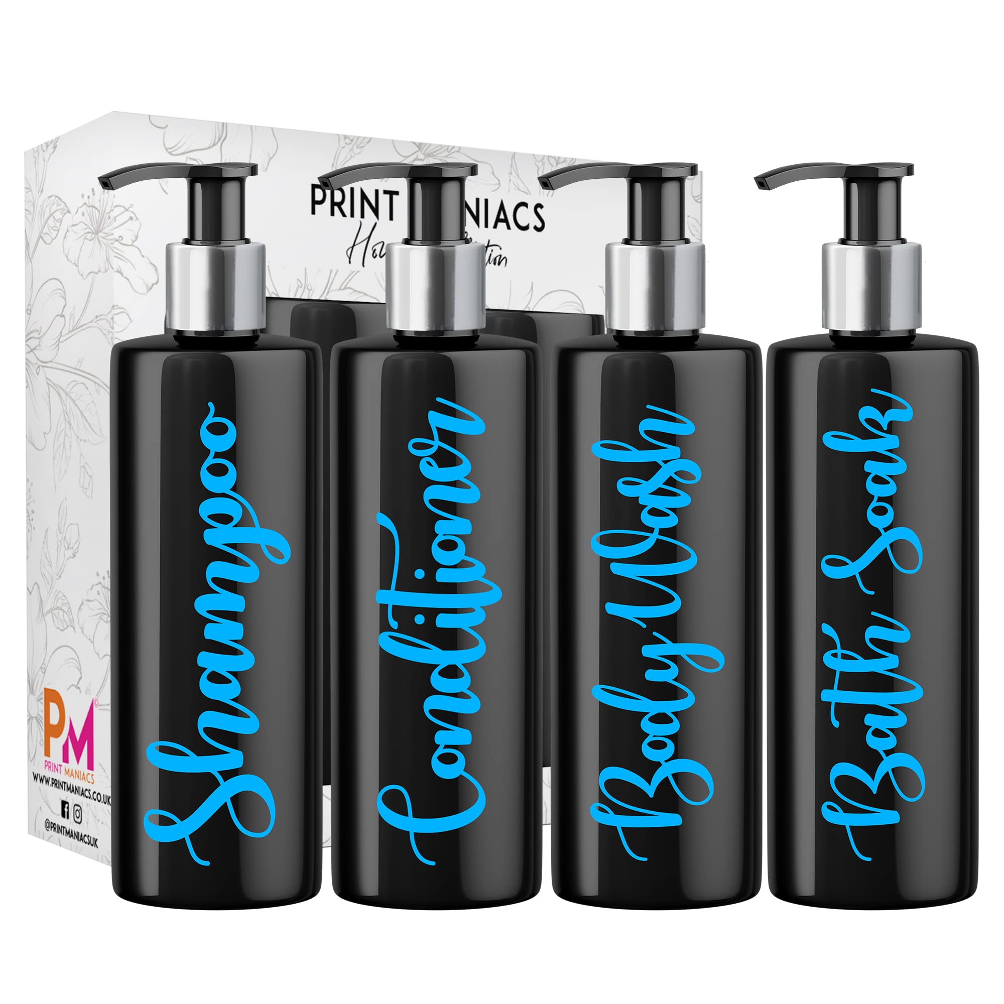 Print Maniacs Mrs Hinch Inspired Black Personalised Pump Bottles Bathroom Kitchen Set Shampoo Conditioner (Baby Blue)