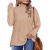 CARCOS Plus Size Sweaters for Women Solid Turtleneck Sweater Long Sleeve Pullover Tops Casual Split Hem Knit Shirts