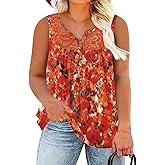 ROSRISS Plus-Size Tank Tops Summer Sleeveless Henley V-Neck Shirts Buttons Up Lace Pleated Flowy Tunics