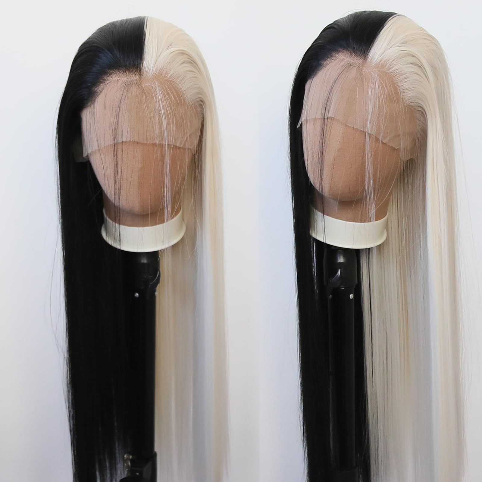 Towarm Long Straight Half Black Half Platinum Synthetic Lace Front Wig - Pre Plucked Natural Hairline with Baby Hair for Women Cosplay & Daily Wear