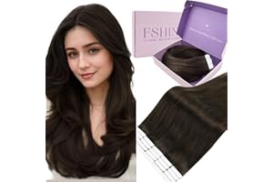 Fshine Tape in Hair Extensions Dark Brown Skin Weft Remy Human Hair, Full Head Straight Natural Extensions, Seamless Invisibl