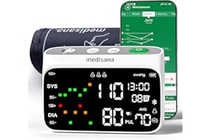 Medisana Cordless Arm Blood Pressure Monitor, Bluetooth Smart Blood Pressure Monitors for Home Use with App Tracking, Blood Pressure Machine with LED Color Dual-Display, Extra-Large Adult Cuff