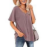 Beluring Women's Shirts V Neck Short Sleeve Waffle Knit Button Up Tunic Tops Blouse