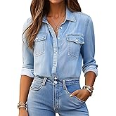 Denim Shirt Women Button Down Long Sleeve Chambray Western Jean Shirts Collared Casual Denim Tops