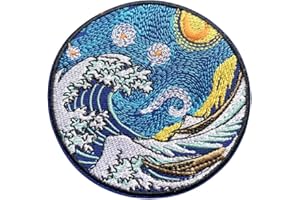 Obokata Embroidered Iron On Patches, Japanese Great Wave Off Patches, Van Gogh Style Kanagawa Badge Sew On Emblem Applique DIY Accessories for Vest Jackets, Clothes, Hats, Bags & Jeans