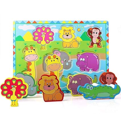 Lazy Toddler Wooden Wild Animal Colorful Puzzle Board for Kids (Wild Animals)