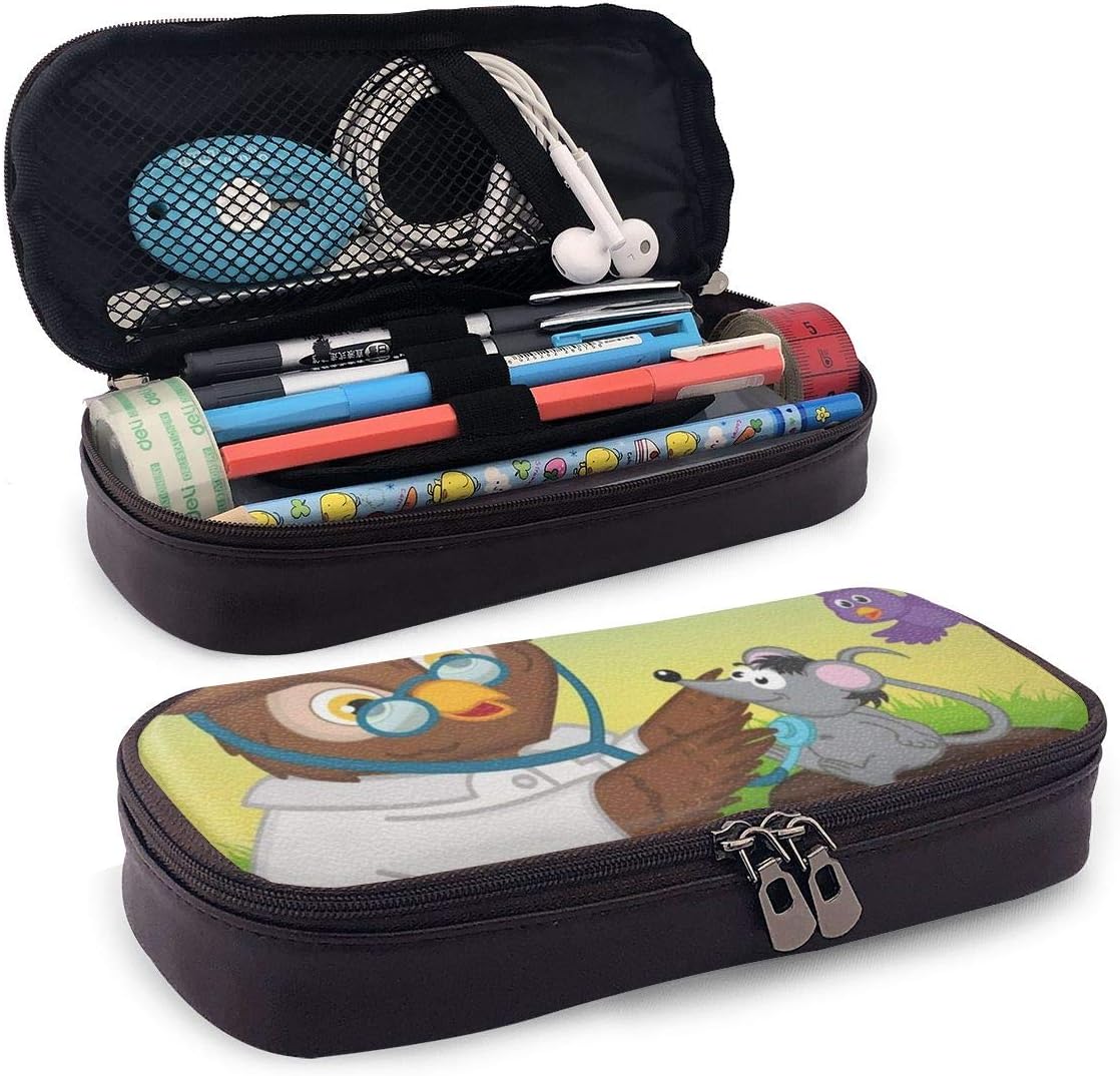 BYTHDA Owl Doctor With Stethoscope Leather Pencil Case Makeup Pencil Pouch Desk Supplies Organisers Pencil Holder With Zipper