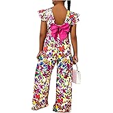 WDIRARA Girl's Floral Bow Back Jumpsuit Ruffle Cap Sleeve Wide Leg Pants Romper