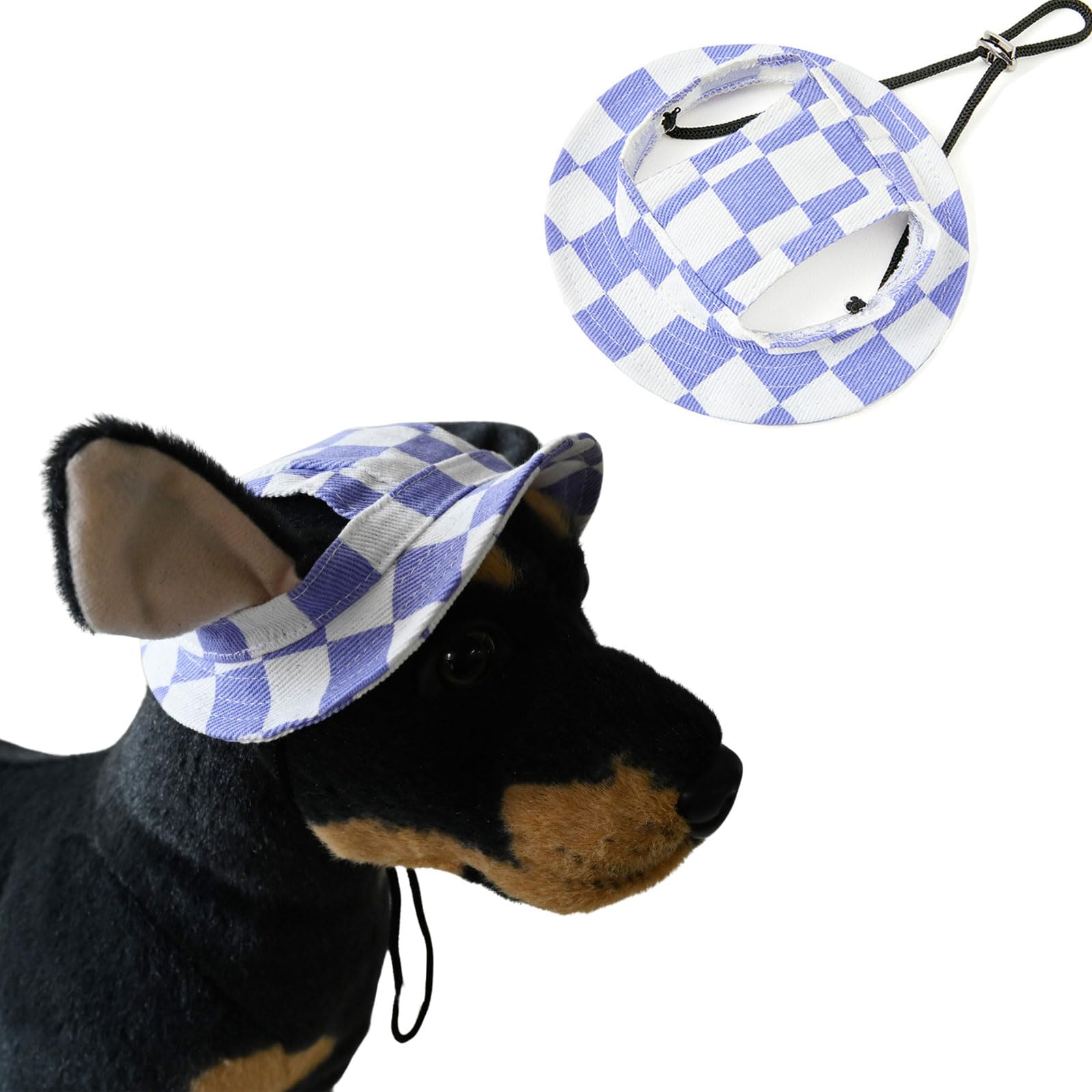 BT Bear Dog Bucket Hats, Cotton Casual Dog Round Cap with Ear Hole, Adjustable Outdoor Travel Sun Protection Sport Hat for Cat Small Medium Dogs Purple Checkered L