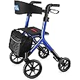 WALK MATE Rollator Walker for Seniors Taller 5.3~7ft with Height-Adjustable Seat, 10 Inch Wheels Wire-Hidden Walkers Compact Folding Design Lightweight Mobility Walking Aid Widen Backrest, Blue