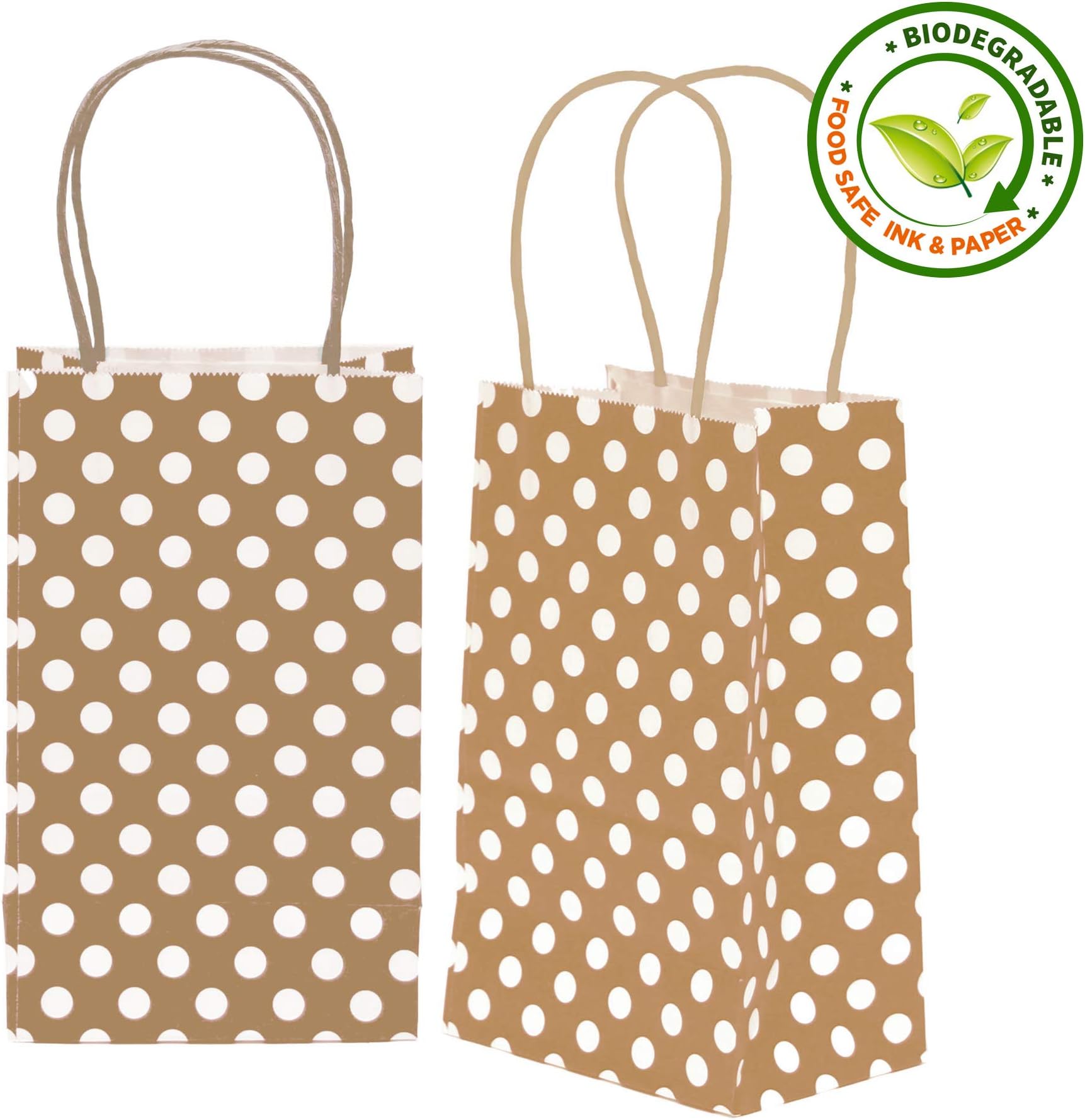 36-Count Natural Brown Color 5.25" x 8.5" x 3.5", White Polka Dot Kraft Bags, Paper Gift Bags, Merchandise, Retail Bags, Party Bags, 100% Recycled Paper Bags with Handles Bulk(36CT, Polkadots Small)