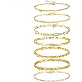 Kyerlyn Gold Bracelets for Women Waterproof, 14K Real Gold Jewelry Sets for Women Trendy Dainty Stackable Cuban Link Paperclip Chain Bracelet Pack Fashion Accessories Gifts