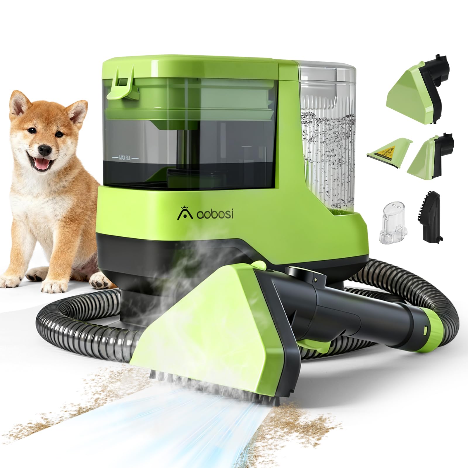 AAOBOSI Portable Carpet Cleaner Machine, 17Kpa Upholstery Steam Cleaner with Smart Voice Prompting, Self-cleaning, 4 Tools for Pets, Car, Couch and Stairs- C688, Green