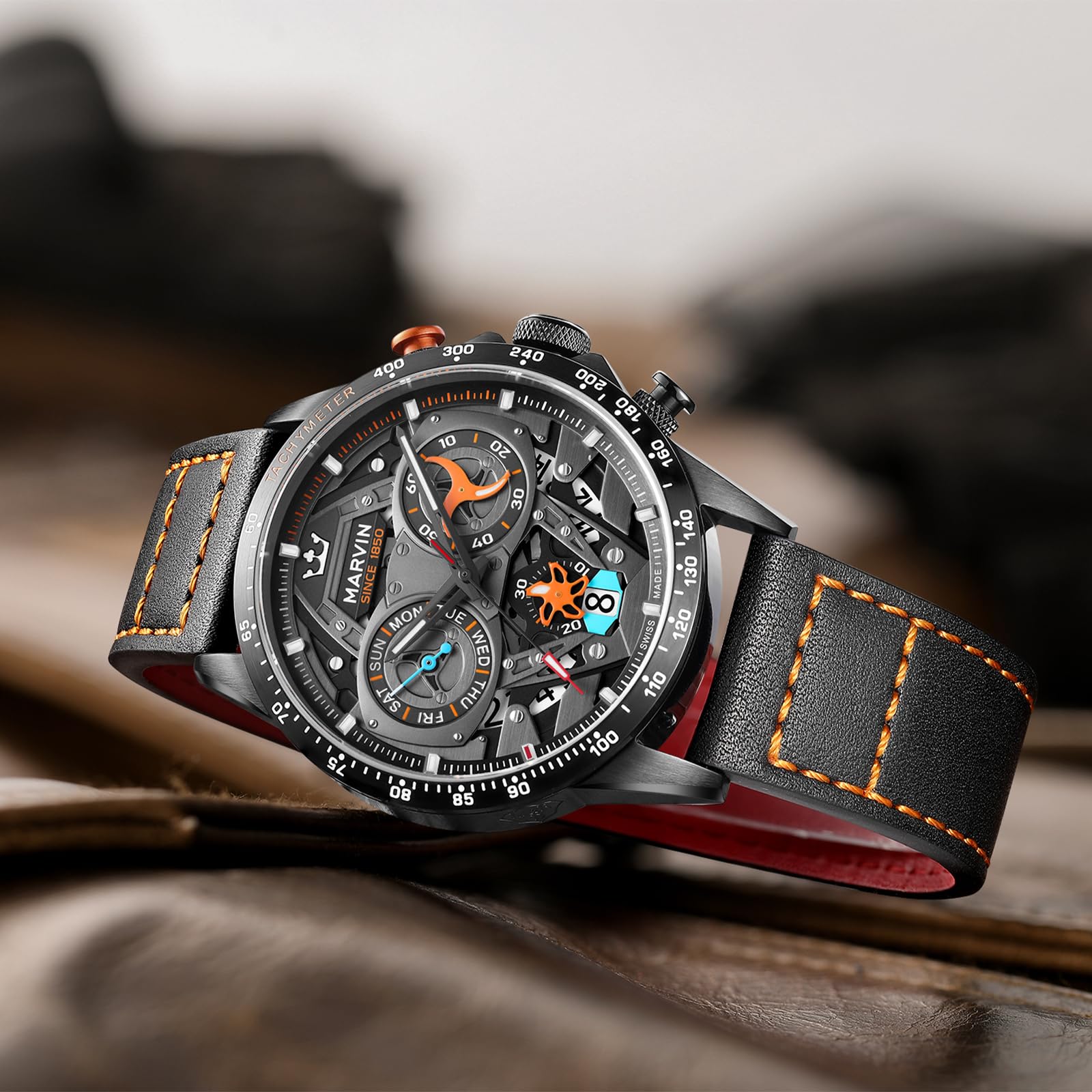 marvin Chronograph Watches for Men Swiss Mens Watch Luxury Men's Wrist Watches with Leather Strap and Weekday,Hour,Date Dial,Quartz Movement,Stainless Steel Case, Luminous,50M Waterproof