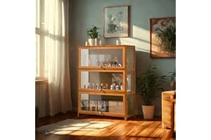 SAADHGG Small Display Cabinet with Acrylic Glass Doors, 4-Tier Curio Cabinet Figure Display Case Living Room Storage Cabinets with Doors and Shelves for Collectibles Toy,Tawny,Flip top Three Layer