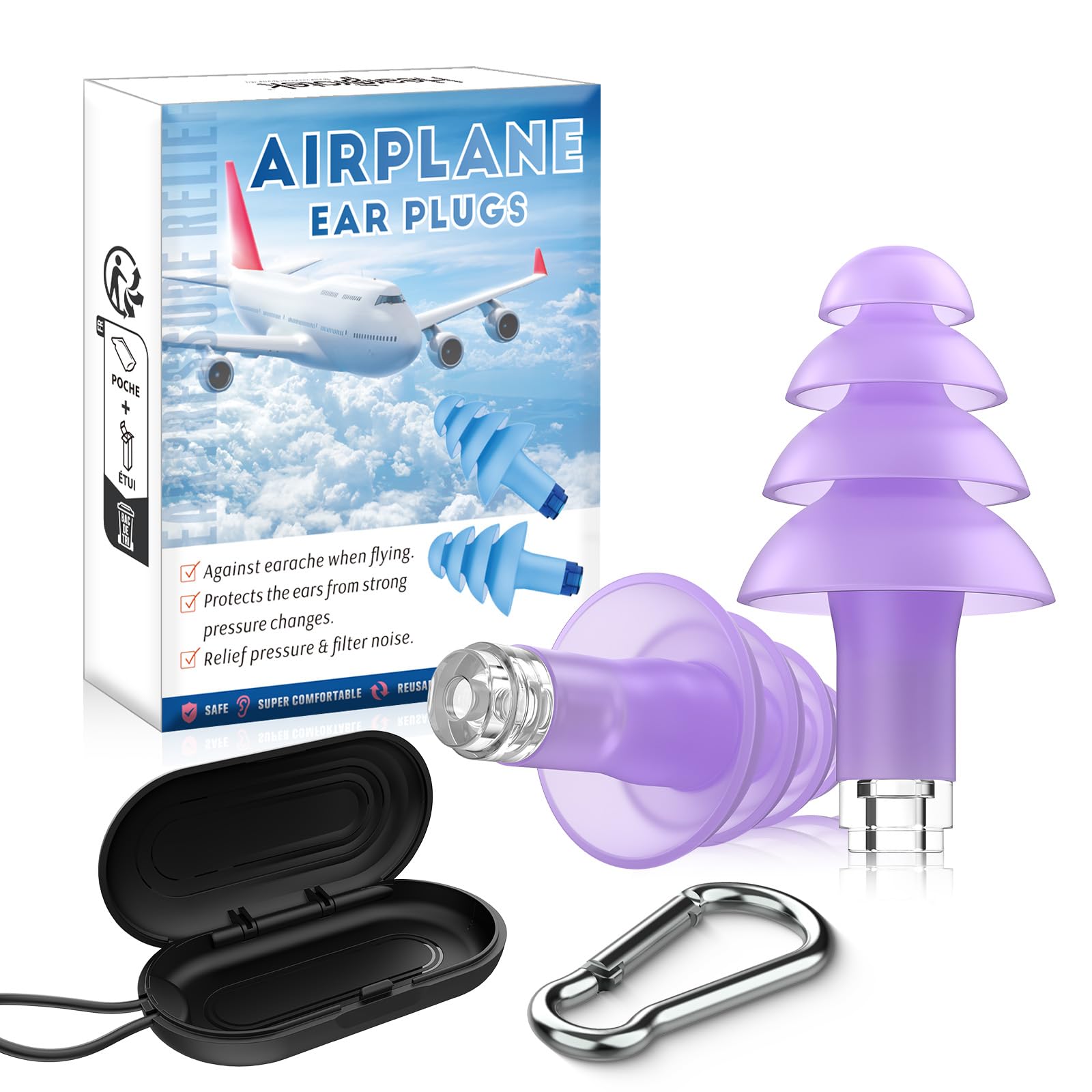 Photo 1 of Hearprotek Airplane Earplugs for Pressure Relief, Soft Reusable Ear Protection for Air Travel, Includes Carrying Case, Essential for Adults to Alleviate Pressure and Muffle Engine Sounds (Violet)