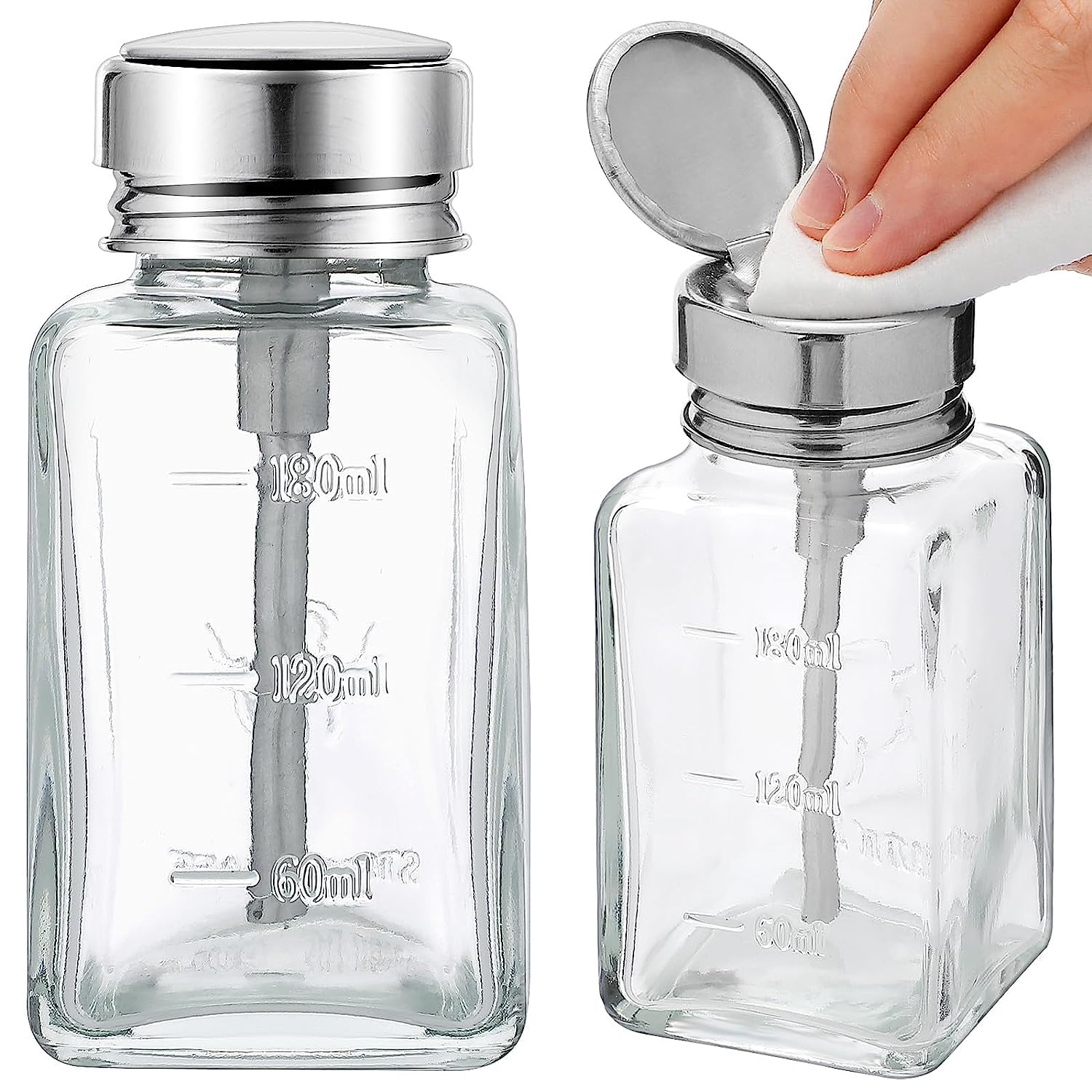Photo 1 of 2 Pcs 6 Oz/ 180 ml Clear Pump Dispenser Bottle with Metal Flip Cover Glass Nail Polish Remover Push Down Dispenser Bottle Refillable Push Down Pump Dispenser Press Container for Makeup Remover