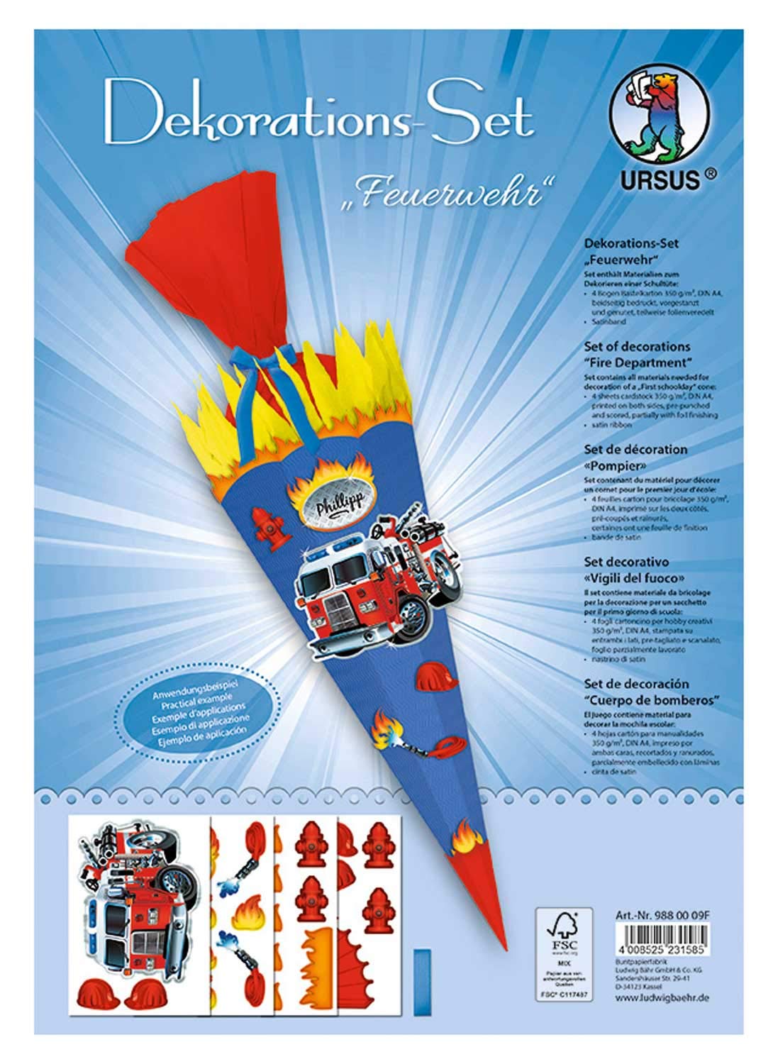 Ursus 9880009F Decoration Set Fire Brigade, Materials for Decorating a School Cone, Numerous Die-Cut Parts Made of Sturdy Cardboard and Satin Ribbon for Individual Decorating of the Sugar Bag