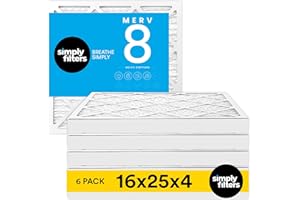 Simply 16x25x4 Air Filter MERV 8, 6 Pack, For Home AC Furnace & HVAC (Actual Size: 15.5"x24.5"x3.63") DUST Pet & Allergy Control,