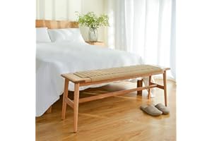 OOKSEN Entryway Bench, Solid Wood Woven Bench Farmhouse Low Dining Bench Stool with Hand-Woven Rope, Small End of Bed Benches for Bedroom, Dining Room, Entrance, Hallway - 31.5 Inch