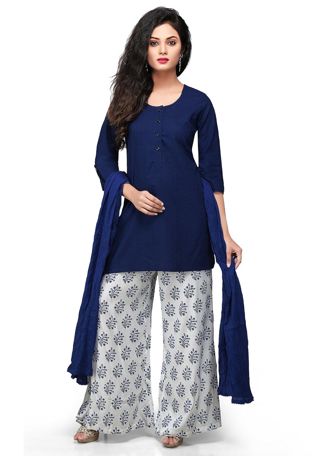 vastra vinod dark blue cotton readymade kurti with palazzo pants