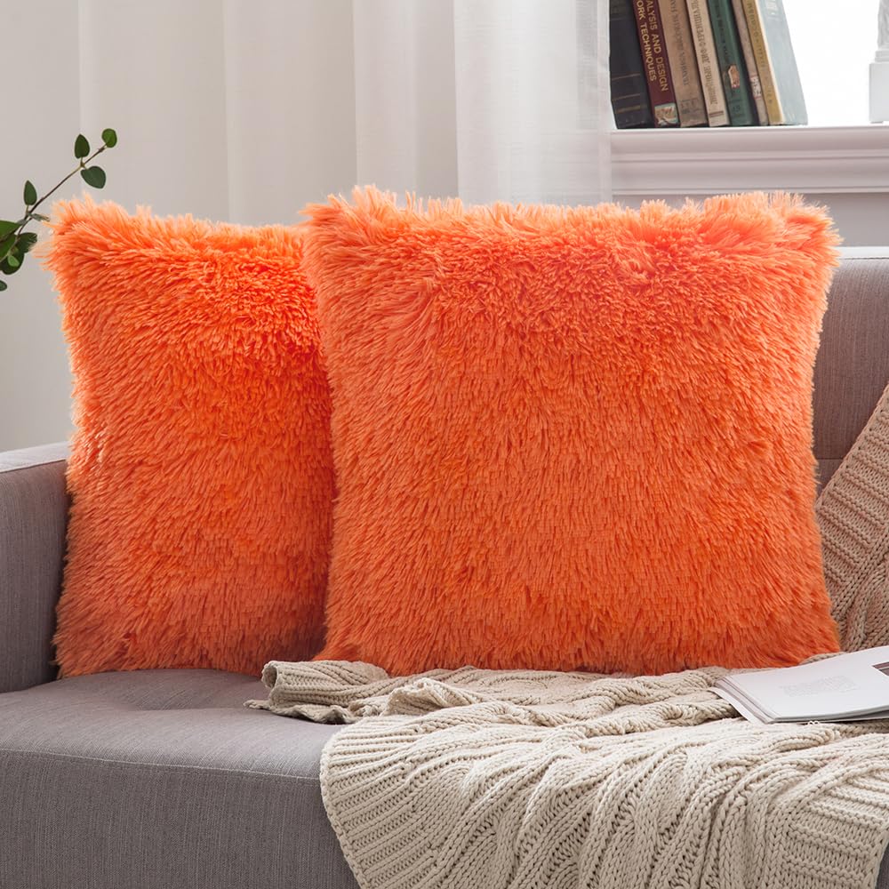 MIULEE Faux Fur Cushion Covers Fluffy Throw Pillow Case Soft Decorative Square Cute Pillow Plush For Livingroom Sofa Bedroom 18 Inch x 18 Inch 45 cm x 45 cm Bright Orange Pack of 2 — image 1