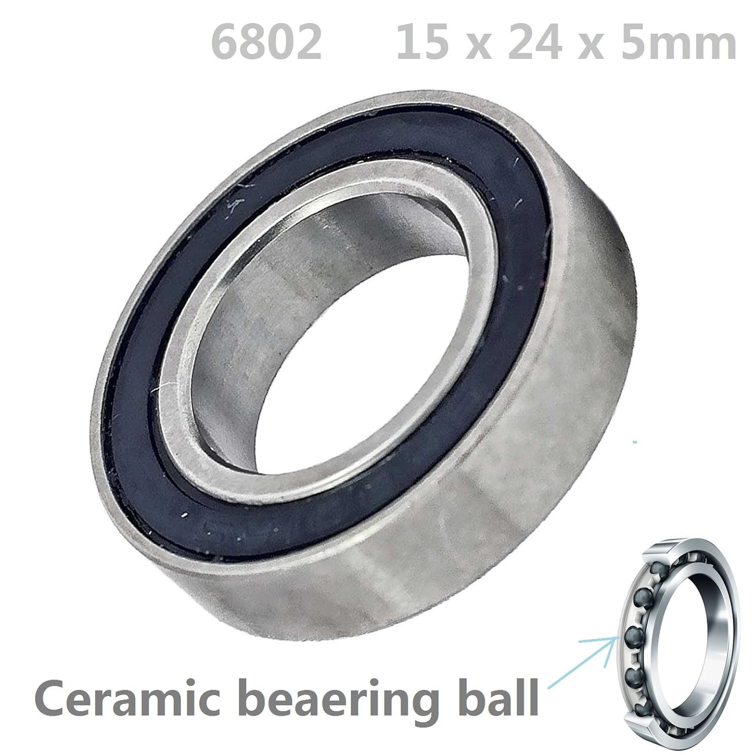 6802 2RS 15mm ID, 24mm OD, 5mm Width, Si3N4 Hybrid Ceramic Ball Bearing