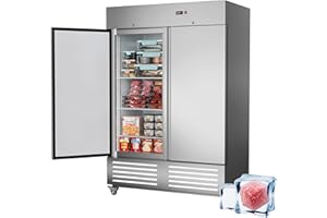 FERUEO Commercial Freezer 54"W 2 Door Stainless Steel Reach-in Solid Door Upright Freezer Fan Cooling 49 Cu.ft Freezers -8-1°F for Restaurant, Bar, Shop