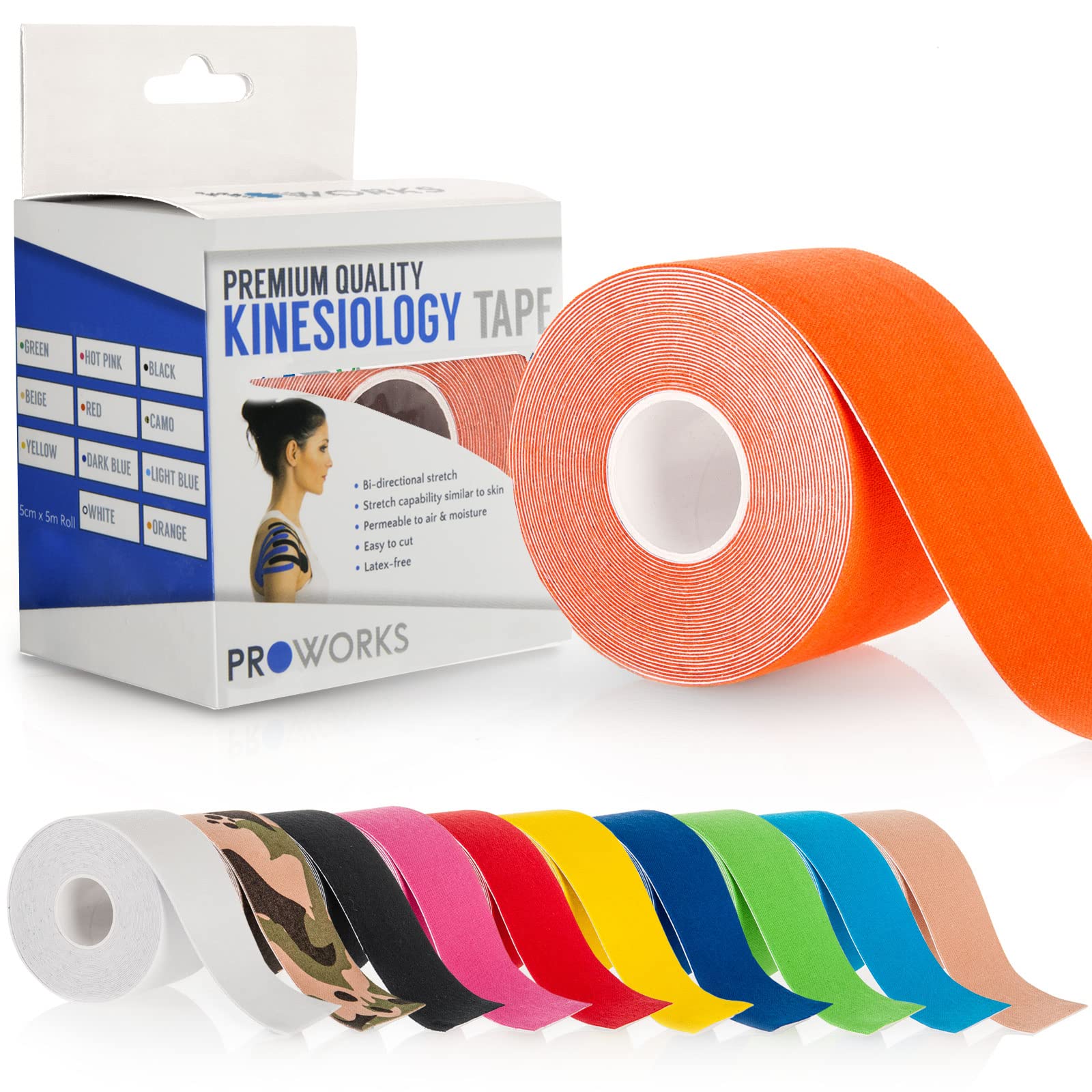 Proworks Kinesiology Tape | 5m Roll of Elastic Muscle Support Tape for Exercise, Sports & Injury Recovery - Orange