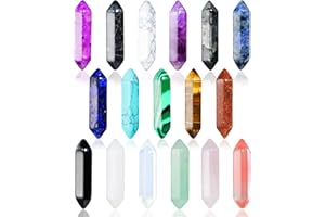 MODACRAFT 17Pcs Healing Crystals Stones Sets, Hexagonal Bullet Shaped Reiki Meditation Gemstone Chakra Stones Tiger Eye Obsidian Quartz Crystals Gemstone Wand Set Pendants with Storage Box