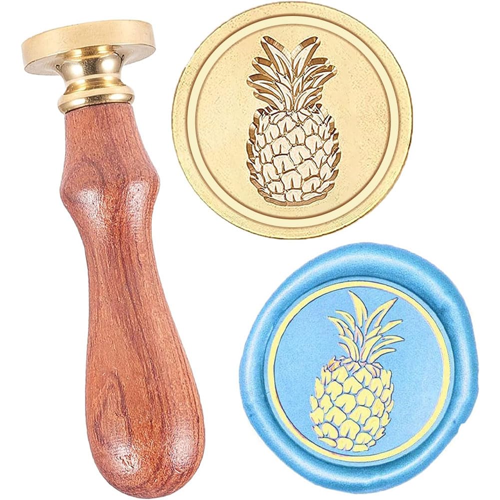 CRASPIRE Wax Seal Stamp Pineapple Fruit Pattern Vintage Sealing Wax Stamp Retro Wood Stamp with 25mm Gold Brass Seal Wood Handle for Envelope Invitation Embellishment Bottle Decoration Gift Packing