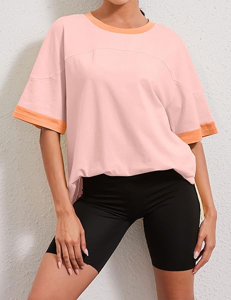 ZIESEXY OVERSIZED TSHIRTS FOR WOMEN COTTON COLOR BLOCK LOOSE FIT SHORT SLEEVE ROUND NECK CASUAL BASIC SUMMER TEE TOPS PINK, MEDIUM