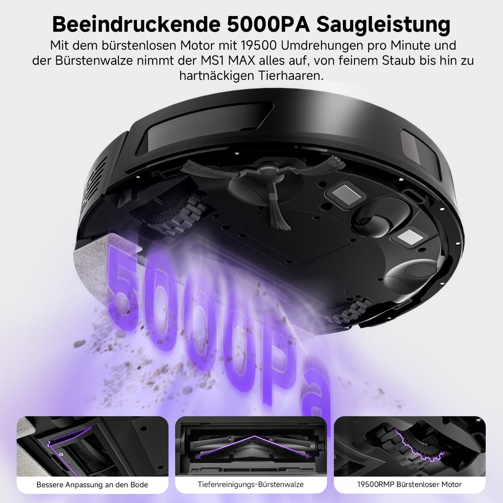 MONSGA Saugroboter mit Wischfunktion, 3.5L Staubsauger Roboter mit Absaugstation, 5000Pa Saugkraft, 180Min Laufzeit, LiDAR Navigation, Starke Saugkraft ideal für Teppich und Tierhaare, APP Steuerung 2