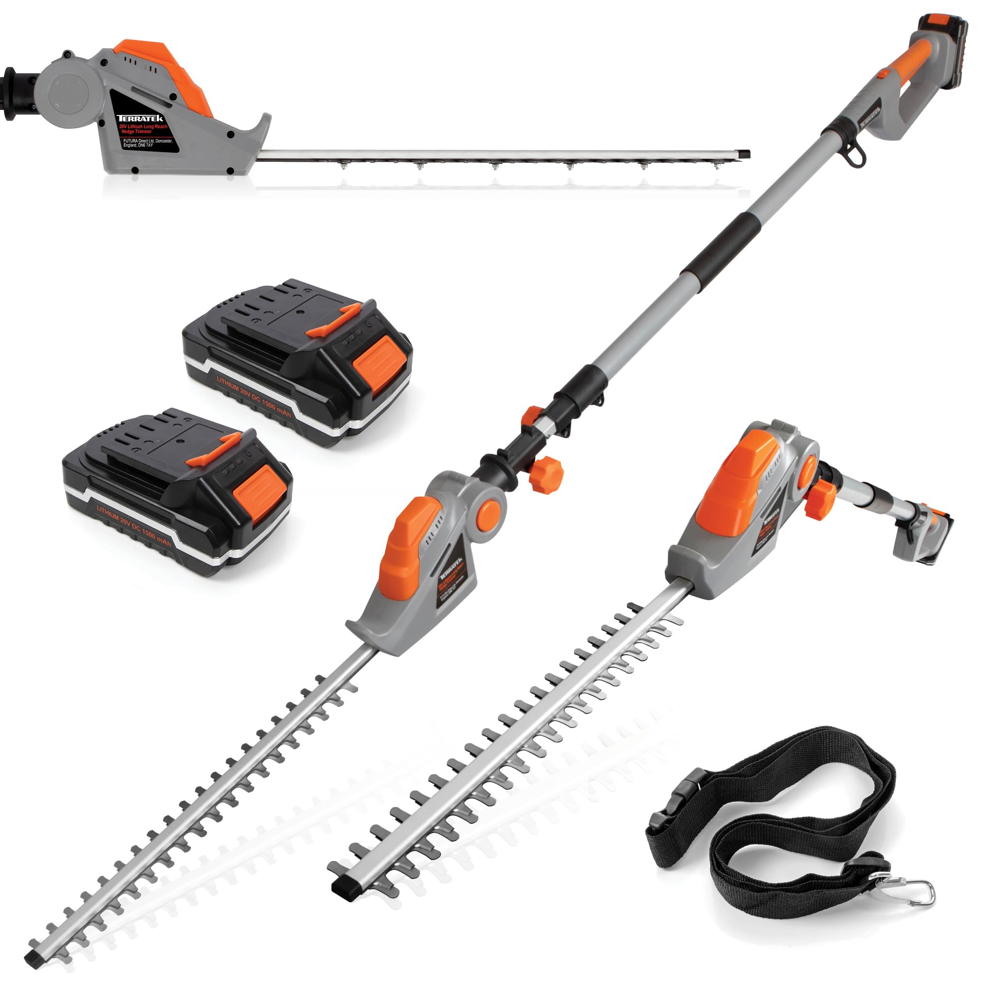 Terratek Cordless Hedge Trimmer Long Reach 20V 1HR Fast Charge, 2.4m Telescopic Hedge Trimmer Cordless Hedge Cutter with 2x Batteries, Shoulder Strap and Charger Included