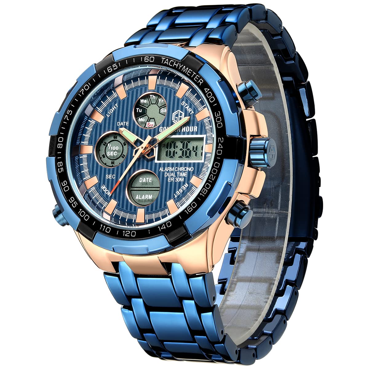 GOLDEN HOUR Luxury Stainless Steel Analog Digital Watches for Men Male Outdoor Sport Waterproof Big Heavy Wristwatch (Rose Gold Blue)