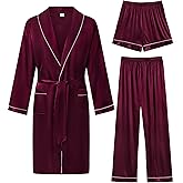 SWOMOG Men's Satin Robe 3 Pcs Silky Kimono Bathrobe Set Lightweight Soft Loungewear Nightwear