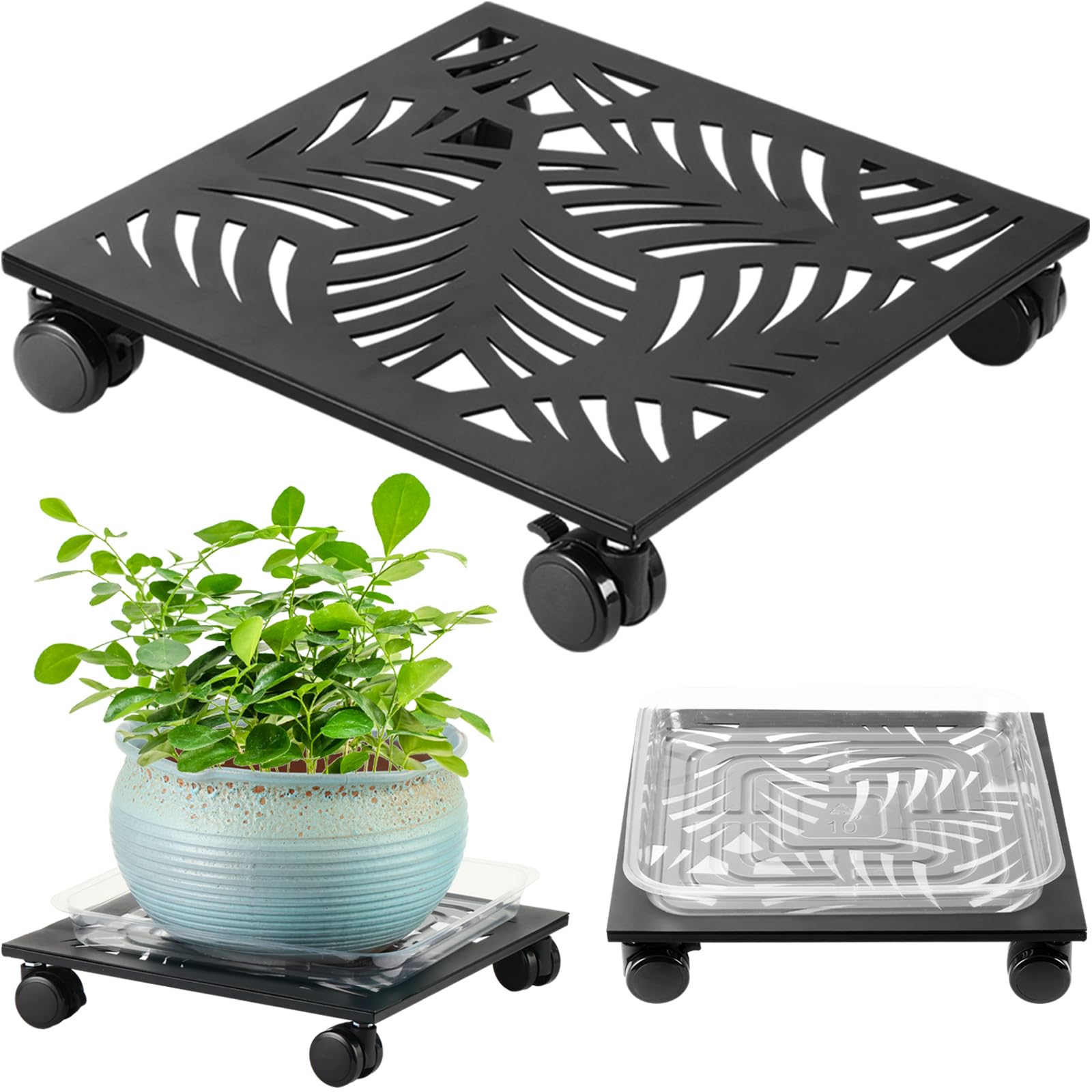 Photo 1 of 1 Pack 13.5" Metal Square Plant Caddy with Wheels Large Iron Rolling Plant Stand with Casters Heavy-Duty Plant Dolly Coaster Plant Pot Mover Roller Base for Indoor Outdoor, Black