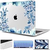 TWOLSKOO for 2021 2020 2019 2018 MacBook Air 13 inch Case A2337 M1 A2179 A1932, Hard Shell Case with Keyboard Skin & Screen Protector for MacBook Air 13.3 inch with Retina & Touch ID, Blue Floral