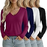 Oakgarden 4 Pack Women's Long Sleeve T-Shirts V Neck Basic Tees Curved Hem Casual Tops Loose Fit Fall Outfits