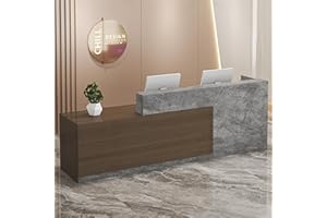 PLMOKN Wood Reception Desk Marble Stone with Checkout Retail Counter L Shaped Modern Mostrador para Negocio Office Desk Closed Front with Storage Drawers for Barber,Salon,Clothing Store