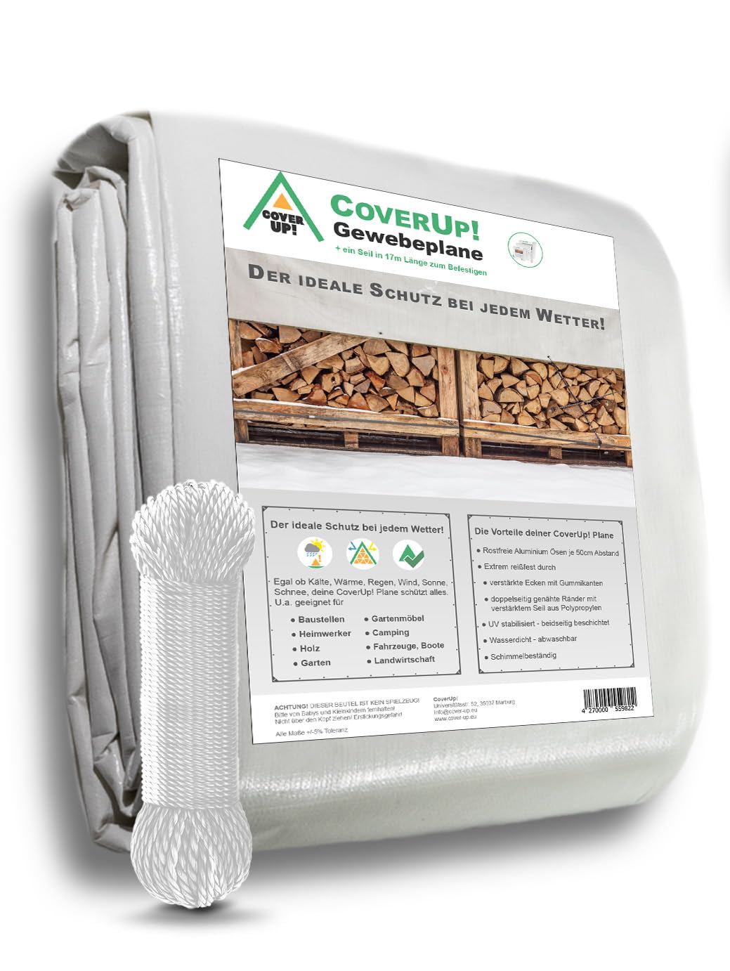 CoverUp! Tarpaulin 2 x 2 m - White, 120g/m² - Tarpaulin Waterproof Heavy Duty - Cover for garden, furniture, pool, boat, outdoor, camping or as a ground sheet - Large tarpaulin sheet with 10 m rope