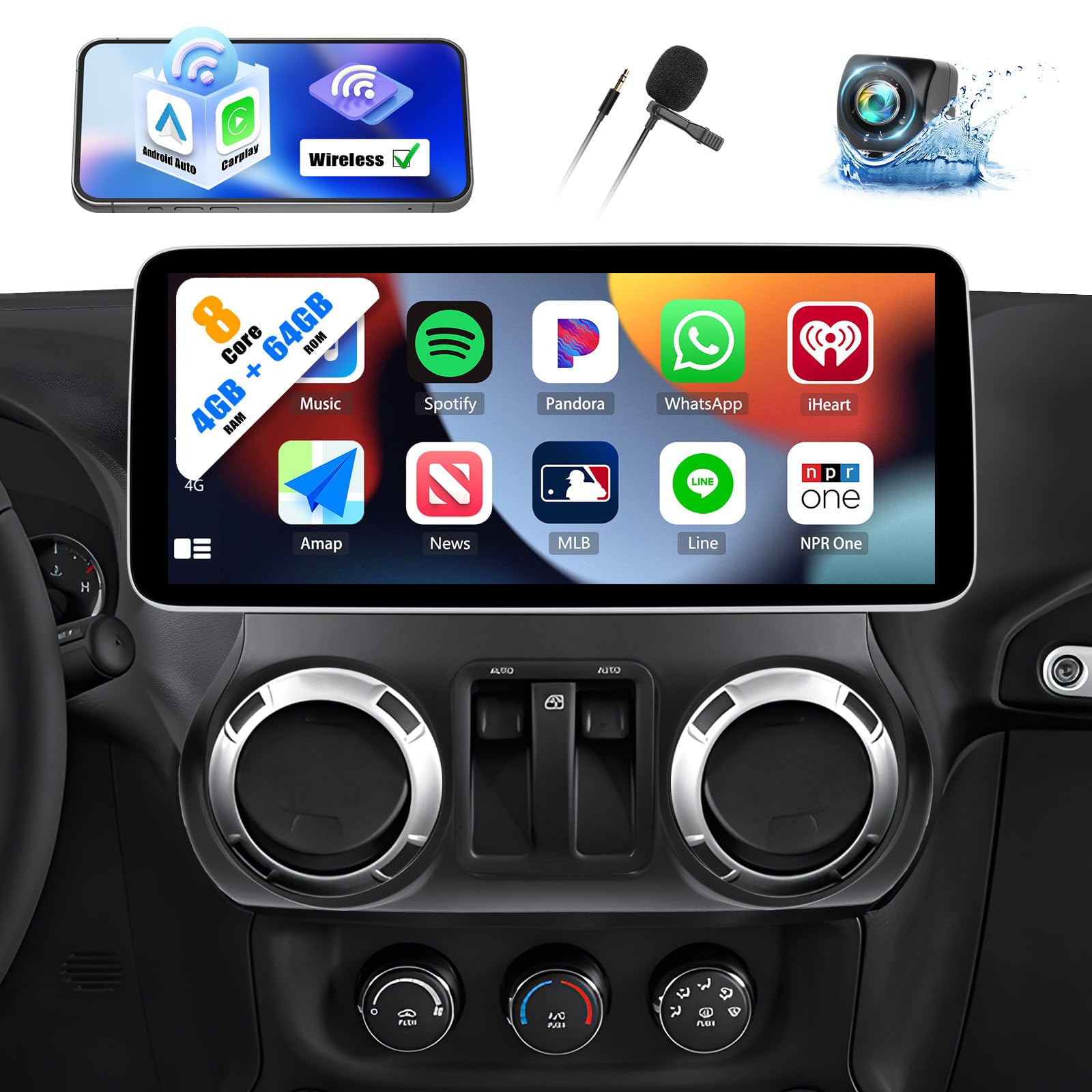 Photo 1 of [8 Core 4G+64G] Android 13 Car Stereo for Jeep Wrangler JK 2011-2017 with Wireless Carplay Android Auto,12.3'' Touchscreen Car Radio with WiFi&4G/GPS Navigation,Bluetooth,AM/FM RDS,SWC+Backup Camera