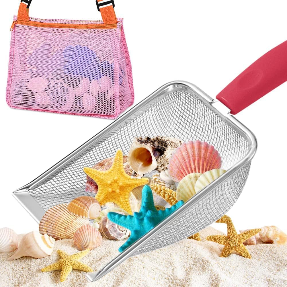 UMUACCAN Beach Mesh Shovel with Beach Bag, Kids Filter Sand Scooper for Picking Up Shells & Shell Collecting, Beach Toys, Sand Toys, Shark Tooth Sifter Dipper