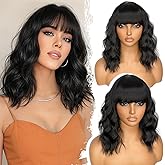 Nnzes Black Wavy Wigs with Bangs Women’s Short Black Bob Wig Synthetic Natural Looking Heat Resistant Fiber Hair