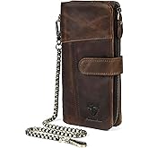 Handadsume Genuine Crazy Horse Leather Travel Gift Coin Pocket Card Case Long Organizer Chain Rfid Wallet Purse With Snap For Men Male 1803 1815 (1803 Light Brown)