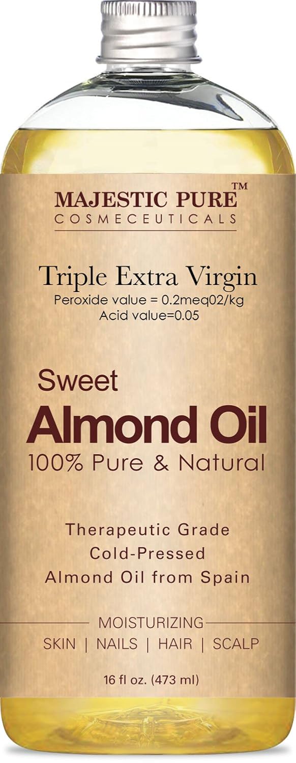 Majestic Pure Sweet Almond Oil, Triple A Grade Quality, Pure and Natural from Spain, Cold Pressed, (Packaging May Vary) - 16 fl. oz.: Beauty
